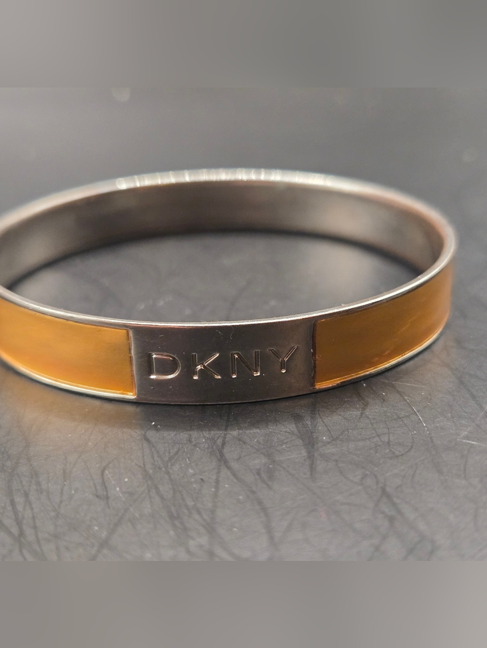 DKNY Amber Resin Logo Bangle Bracelet Silver Tone Minimalist Chic